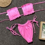2 in 1 Double-layer Nylon Pleated Tube Top Bikini Ladies Split Swimsuit Set (Color:Pink Size:M)
