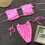 2 in 1 Double-layer Nylon Pleated Tube Top Bikini Ladies Split Swimsuit Set (Color:Pink Size:M)