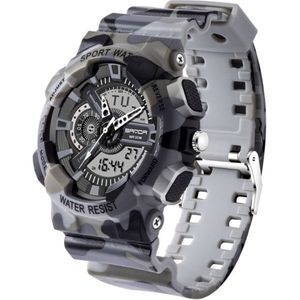 SANDA 5318 LED verlicht Display & Stopwatch & Alarm & datum en Week functie mannen kwarts + digitale dubbele beweging horloge met Plastic Band (Camouflage grijs)