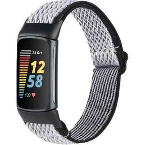 Voor Fitbit Charge 5 Buckle Wave gevlochten nylon horlogeband (wit zwart)