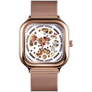 SKMEI 9184 Men Automatic Mechanical Watch Mesh with Hollow Square Tourbillon Student Watch (Rose Gold)