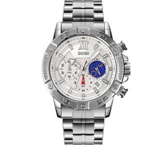SKMEI 9235 Men Moonphase Stopwatch Stainless Steel Strap Quartz Watch(Silver)
