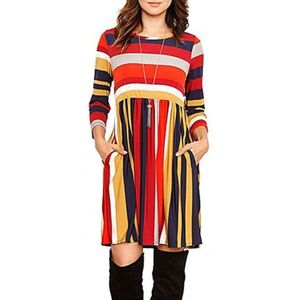 Round Neck Striped Stitching Color Long-sleeved Casual Head A Style Dress  Size: XXL(Orange Stripe)