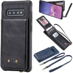 For Galaxy S10+ Vertical Flip Shockproof Leather Protective Case with Long Rope  Support Card Slots & Bracket & Photo Holder & Wallet Function(Black)