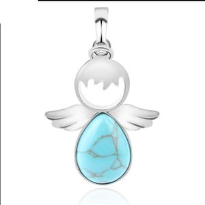 Women Angel Wings Pendants Natural Crystal Stone Necklaces(Turquoise)
