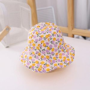 C0503 Flowers Pattern Double-Sided Can Wear Baby Pot Hat Children Printing Fisherman Hat  Size: Around 50cm(Purple Inner + Yellow)