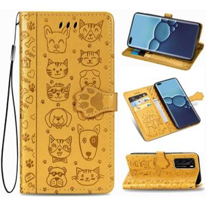 For Huawei P40 Cute Cat and Dog Embossed Horizontal Flip Leather Case with Bracket / Card Slot / Wallet / Lanyard(Yellow)