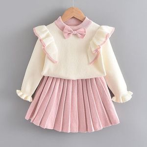 Girls Flying Sleeve Knitted Sweater Suit (Color:Pink Size:120)