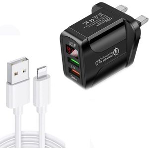 F002C QC3.0 USB + USB 2.0 LED Digital Display Fast Charger with USB to 8 Pin Data Cable  UK Plug(Black)