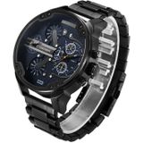CAGARNY 6820 Fashionable Business Style Large Dial Dual Time Zone Quartz Movement Wrist Watch with Stainless Steel Band & Calendar Function for Men((Black Steel Band Blue Window)