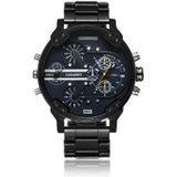 CAGARNY 6820 Fashionable Business Style Large Dial Dual Time Zone Quartz Movement Wrist Watch with Stainless Steel Band & Calendar Function for Men((Black Steel Band Blue Window)