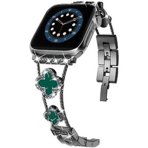 Klavertje vier diamanten horlogeband voor Apple Watch-serie 8 & 7 41 mm / SE 2 & 6 & SE & 5 & 4 40 mm / 3 & 2 & 1 38 mm (zwarte groene schaal)