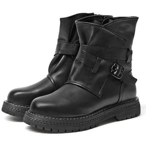 Leather Martin Boots Female Autumn And Winter Middle Tube Retro Leather Boots  Size: 39(Black Plus Velvet)