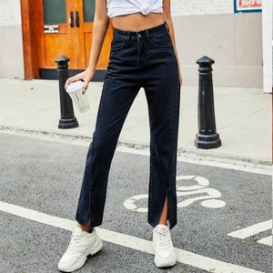 Vrouwen Solid Color Split Slanke jeans (Kleur: Zwart Maat: S)