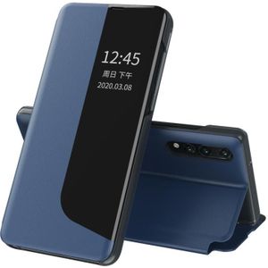 For Huawei P20 Side Display Shockproof Horizontal Flip Leather Case with Holder & Call Answering Function & Sleep / Wake-up(Dark Blue)