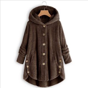Button Plush Irregular Solid Color Coat (Color:Coffee Size:XL)