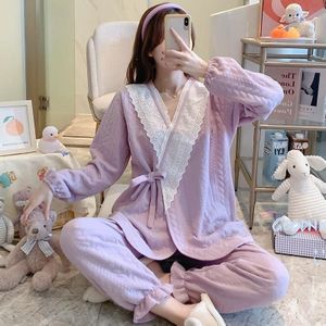 Two-piece Kimono Warm Pajamas For Pregnant Women (Color:Purple Size:XL)