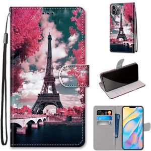 Coloured Drawing Cross Texture Horizontal Flip PU Leather Case with Holder & Card Slots & Wallet & Lanyard For iPhone 12 Pro Max(Pink Flower Tower Bridge)