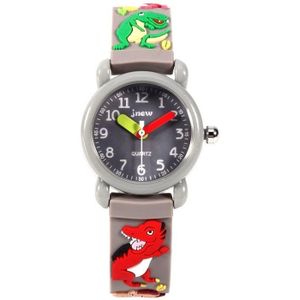 JNEW A335-86172 Kinderen Leuke Cartoon 3D Dinosaurus Waterdicht Siliconen Strap Quartz Horloge (Rubber Grijs)