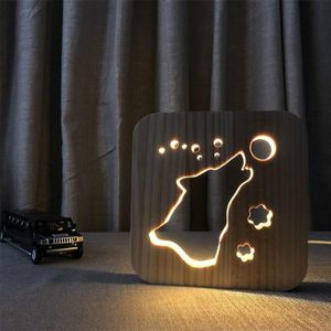 Creatieve vorm houten nacht lamp slaapkamer decoratie warm licht LED (Wolve)