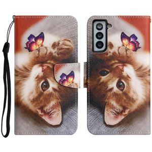 Voor Samsung Galaxy S21 FE 5G Geschilderd Patroon Horizontale Flip Lederen Case met Houder & Card Slot & Portemonnee (Butterfly Cat)