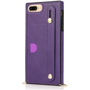 For iPhone 8 Plus / 7 Plus Wrist Strap PU+TPU Shockproof Protective Case with Crossbody Lanyard & Holder & Card Slot(Purple)