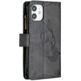 For iPhone 12 mini Flying Butterfly Embossing Pattern Zipper Horizontal Flip Leather Case with Holder & Card Slots & Wallet(Black)