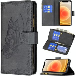 For iPhone 12 mini Flying Butterfly Embossing Pattern Zipper Horizontal Flip Leather Case with Holder & Card Slots & Wallet(Black)