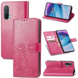 For OnePlus Nord CE 5G Four-leaf Clasp Embossed Buckle Mobile Phone Protection Leather Case with Lanyard & Card Slot & Wallet & Bracket Function(Magenta)