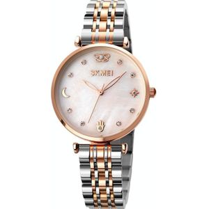 SKMEI 1800 Simple Diamond Round Dial Stainless Steel Strap Quartz Watch for Ladies(Rose Gold and White)