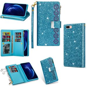 For iPhone 8 Plus / 7 Plus Multi-card Slots Starry Sky Laser Carving Glitter Zipper Horizontal Flip Leather Case with Holder & Wallet & Lanyard(Sky Blue)