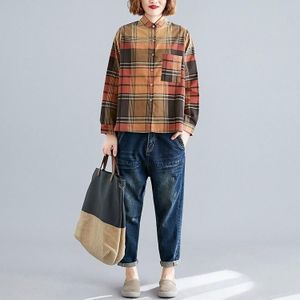 Loose Large Size Linen Cotton Printed Check Shirt For Age Reduction And Slimming (Color:Yellow Size:XL)
