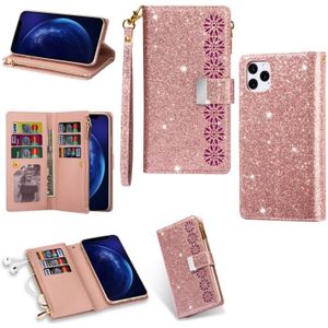 For iPhone 11 Multi-card Slots Starry Sky Laser Carving Glitter Zipper Horizontal Flip Leather Case with Holder & Wallet & Lanyard(Rose Gold)