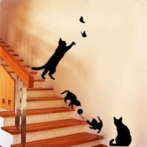 Cat Playing Butterfly Wall Sticker Detachable Decorative Applique Bedroom Kitchen Decoration