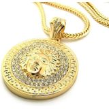 Hip Hop Round Medusa Head Zircon Rhinestone Pendant Clavicle Chain Necklace for Men  Chain Length: 90cm(Gold)