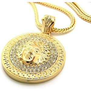 Hip Hop Round Medusa Head Zircon Rhinestone Pendant Clavicle Chain Necklace for Men  Chain Length: 90cm(Gold)