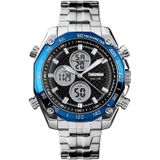 SKMEI 1302 Fashion Men Leisure Wrist Watch Multifunctional Dual-time Sports Digital Watch with Stainless Steel Watchband 30m Waterproof (Blue)