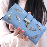 Long Gold Hollow Leaves Coin Purse Card Holders Wallet for Women(Blue)