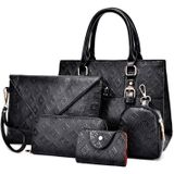 5 in 1 Diamond Texture PU Shoulder Bag Printed Flower Ladies Handbag Messenger Bag (Black)