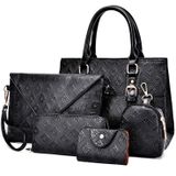 5 in 1 Diamond Texture PU Shoulder Bag Printed Flower Ladies Handbag Messenger Bag (Black)