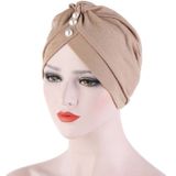 2 PCS Women Forehead Fold Pearl Decorative Hooded Cap Turban Hat  Size:One Size(Khaki)
