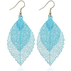 Double-layered Leaves Tassel Earrings Simple Retro Metal Leaf-ears Ornaments(Blue)