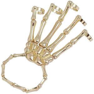Punk Skull Hand Bone Five Finger Ring Verstelbare geïntegreerde ketting (SKU5880 goud)