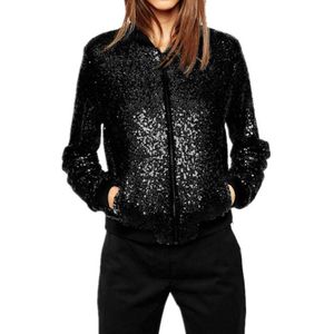 Women Wild Casual Sequin Jacket Short Coat (Color:Black Size:XL)