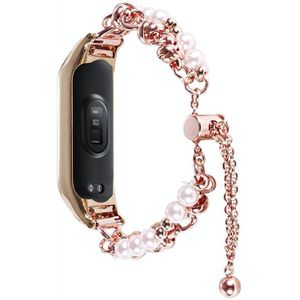Voor Xiaomi Mi Band 5/6 Double Pearl Bead String metalen horlogeband (roségoud)