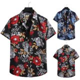 Summer Casual Chelsea Collar Flower Print Pattern Short-sleeved Shirt for Men (Color:Blue Size:M)