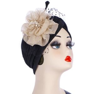 Spring and Autumn Flowers Dots Mesh Turban Hat Wrap Hat(Black + Beige)