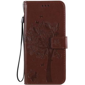 Voor Huawei Honor X10 5G Tree & Cat Relif Patroon Horizontaal Flip Lederen Kast met Holder & Card Slots & Wallet & Lanyard(Koffie)