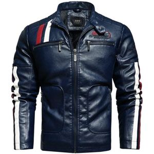 Autumn and Winter Letters Embroidery Pattern Tight-fitting Motorcycle Leather Jacket for Men (Color:Dark Blue Size:XXXL)