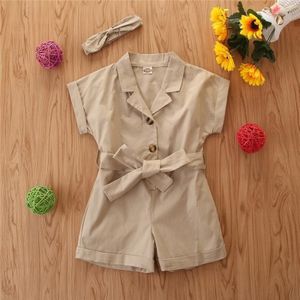 Girls Short-sleeved Single-breasted Jumpsuit (Color:Khaki Size:120)